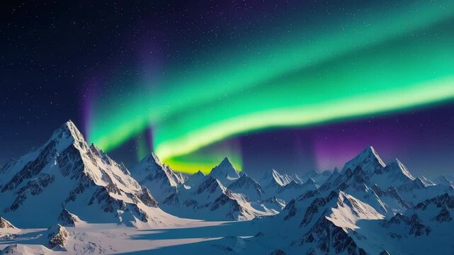 amazing northern lights with green and purple colors above icy mountain landscape, magical sky with glowing aurora in peaceful winter scene