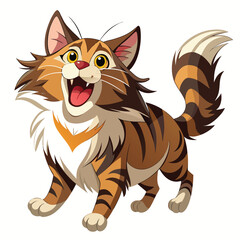 A happy tabby kitten with its mouth open and paws in the air appears to be leaping a white background