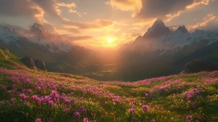 Fototapeta premium Breathtaking Sunrise over Mountain Valley Blooming with Colorful Wildflowers and Majestic Peaks Under a Golden Sky in Serene Nature Landscape