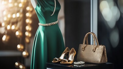 Elegant emerald gown with gold accessories displayed fashionably