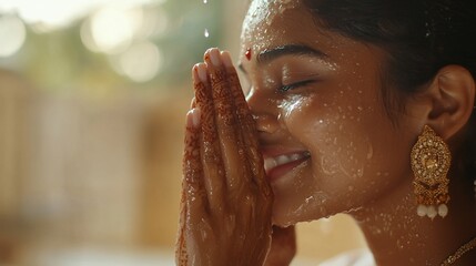 Serene portrait of an indian bride in a moment of joyful cleansing ritual