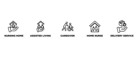 Elderly care banner web icon vector illustration concept for elder people support with an icon of caregiver, nursing home, assisted living, home nurse and delivery service