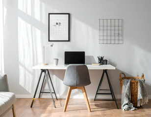 Modern minimalist home office setup with a desk, laptop, and stylish decor in a well-lit room