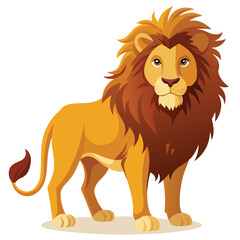 A majestic lion with a full mane stands confidently against a white background