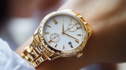 Close-up of luxurious golden wristwatch with diamonds on a wrist