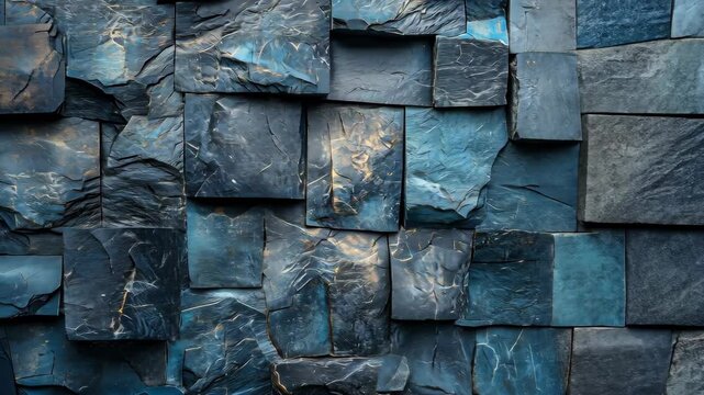 Dark blue stone wall texture, rough, uneven, square-shaped tiles