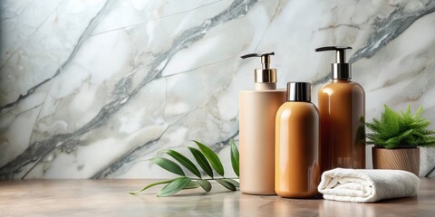 A bottle of shampoo and conditioner sit atop a polished marble countertop, surrounded by sleek and modern accessories