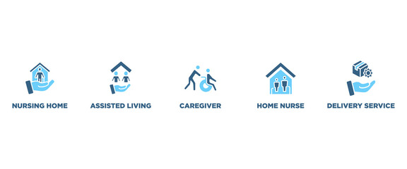 Elderly care banner web icon vector illustration concept for elder people support with an icon of caregiver, nursing home, assisted living, home nurse and delivery service