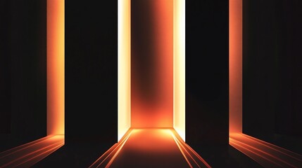Abstract dark room with glowing vertical lines and geometric shapes