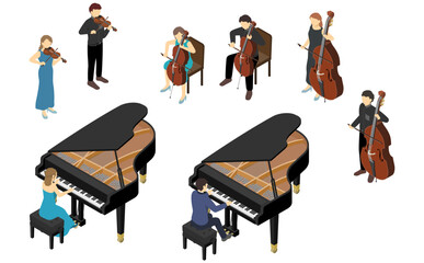 アイソメトリックイラスト：ピアノと弦楽器を演奏する人々 © stomy