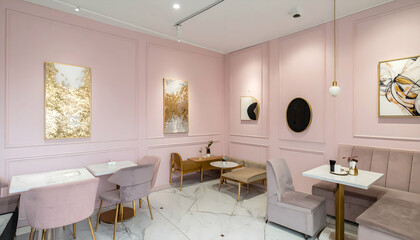 Elegant pink-themed caf? interior featuring modern art, cozy seating, and a serene ambiance