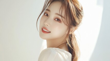 Portrait of radiant young woman with clear skin and gentle smile posing in natural light studio, demonstrating korean beauty standards