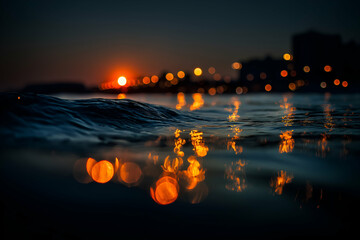 Wave at Sunset with City Lights Reflecting on Water Surface, Nature and Outdoor Bokeh Concept