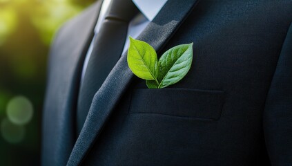 A businessman's suit with a sprout in the pocket, symbolizing sustainable business practices