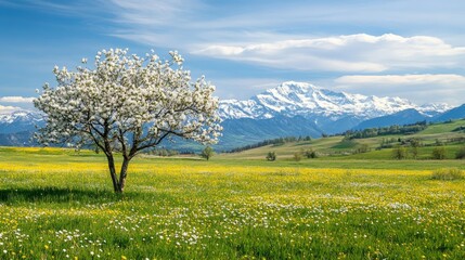 Serene Spring Landscape with Blossom Tree in Open Field and Snow-Capped Mountains Under Clear Blue Sky