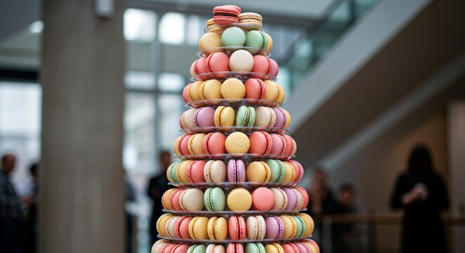 Elegant tower of pastel macarons displayed at event creating a colorful dessert centerpiece