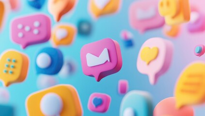 Colorful 3D social media icons float in a vibrant digital space