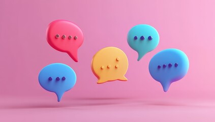 Colorful speech bubbles float against a pink background, symbolizing communication and conversation