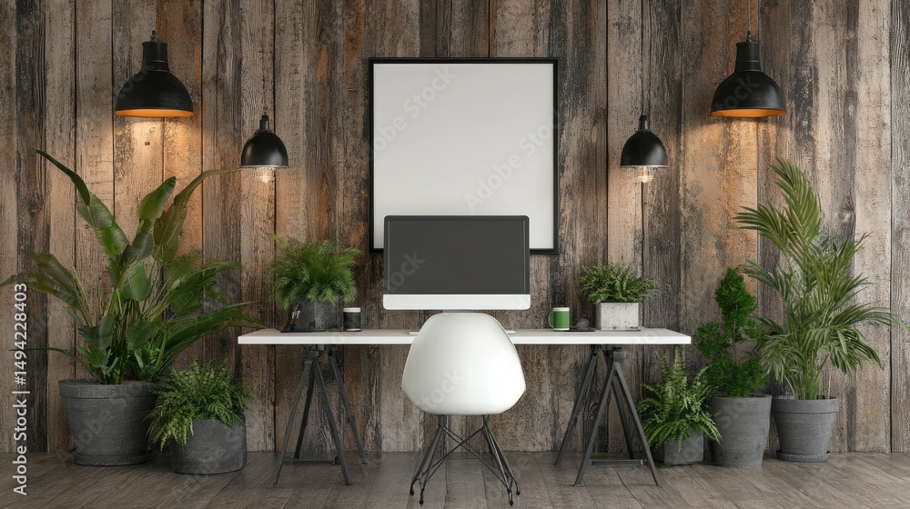 Poster rustic workspace design with plants and a blank canvas.