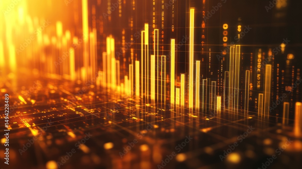 Poster abstract glowing golden data stream with chart and code matrix b