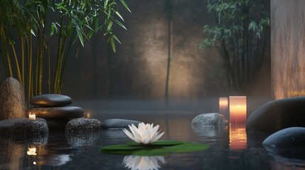 Serene Spa Retreat, Lotus Blossom, Stones, and Candlelight in Tranquil Water