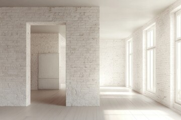 Sunlit empty room with exposed brick walls and large windows