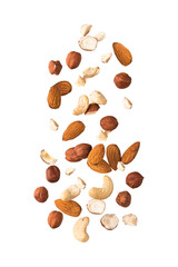 mixed nuts on transparent background, almonds, hazelnuts, cashews.