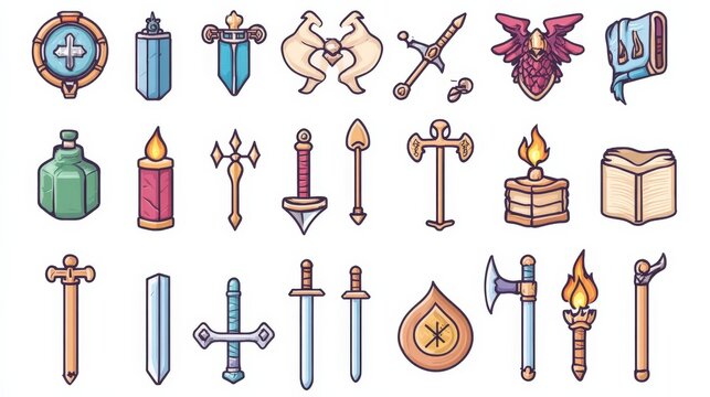 Colorful Icons of Healing Items and Attack Weapons on White Background - Powered by Adobe