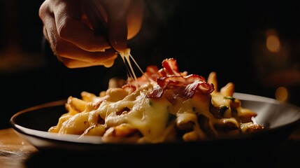 Delicious cheesy fries topped with crispy bacon being served for dinner