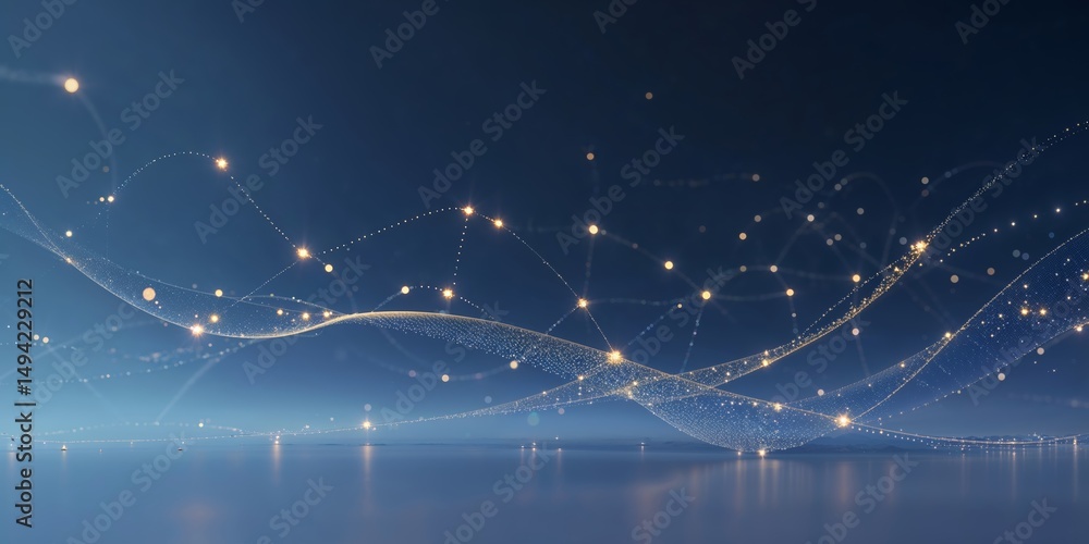 Poster dynamic blue waves illuminated by shining lights create a mesmerizing atmosphere in a digital landsc