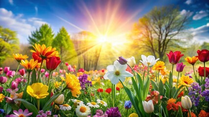 Fototapeta premium Vibrant earthy tones landscape with blooming flowers and sunshine brightening the scene, sunny day, springtime colors