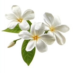 Fototapeta premium Three pristine white blossoms with vibrant green leaves and an unopened bud