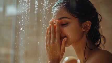 Serene Woman Enjoying a Refreshing Shower Experience with Closed Eyes