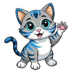 A tiny tabby kitten with bright blue eyes playfully reaches out with its paw a white background