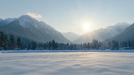 Serene Winter Landscape with Snow-Covered Mountains and Sunlight Glimmers Above a Frozen Lake in a Tranquil Nature Scene