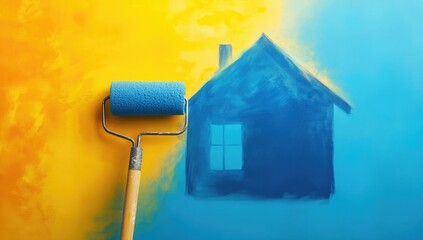 Paint roller beside a blue house sketch on a yellow and blue background