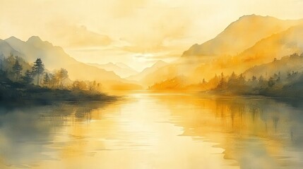 Fototapeta premium Serene Mountain River View in Warm Watercolor Dreamscape with Golden Hues