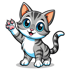 A tiny tabby kitten with bright blue eyes playfully reaches out with its paw a white background