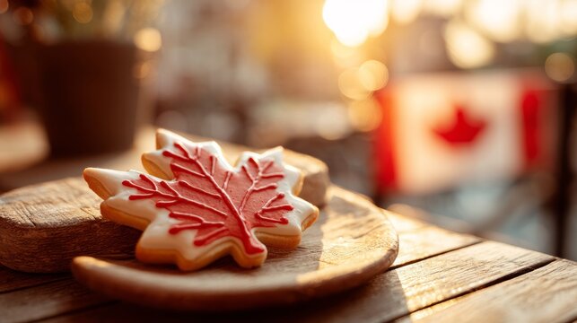 Maple leaf cookie with red and white icing on a wooden plate, celebrating Canada Day with festive warmth and patriotic spirit.
