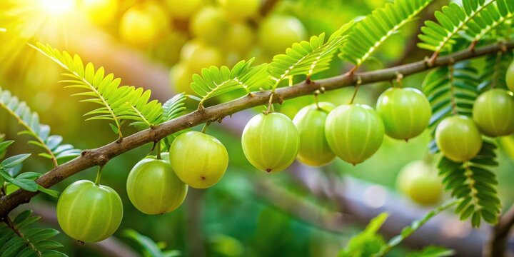 Fresh amla fruit with leaves hanging from the branch of an amla tree in a lush garden , organic