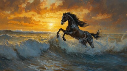 Obraz premium Majestic Black Horse Leaping Through Foamy Waves Against a Dramatic Sunset Sky with Clouds and Vibrant Hues in a Sea Landscape Scene