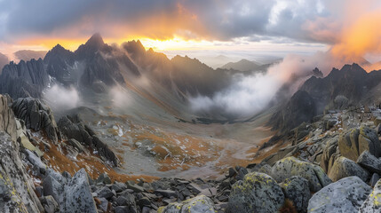 Fototapeta premium Majestic mountain peaks at sunrise, golden light through misty valleys -- A serene wilderness awakening