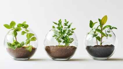Three small plants in clear glass spheres, soil visible