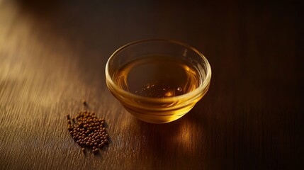 Close-up of honey in a glass bowl with mustard seeds on wood table