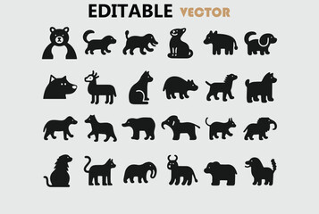 Obraz premium Collection of simple black animal icons editable vector illustration
