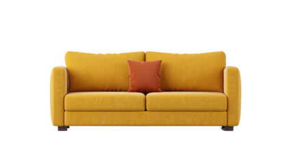 Modern Yellow Sofa with Orange Pillow on Transparent Background