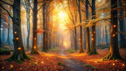 Forest under Late Autumn Day with Alien Glow , autumnal forest