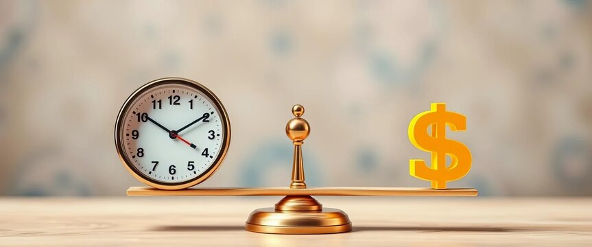 Abstract scale balancing time and money icons; contrasting clocks and dollar signs,  investment,  strategy