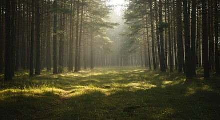 Obraz premium Sunlight Streaming Through Tall Trees in Forest Landscape