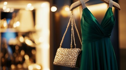 Elegant emerald green dress and beaded purse displayed in boutique